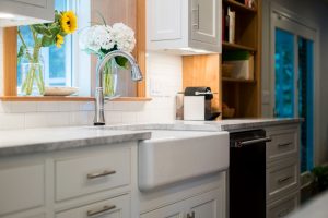 farm sink in custom white kitchen