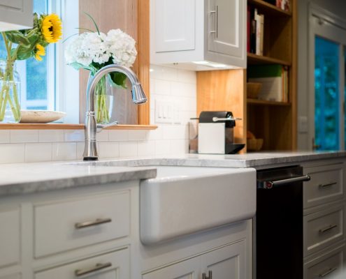 farm sink in custom white kitchen