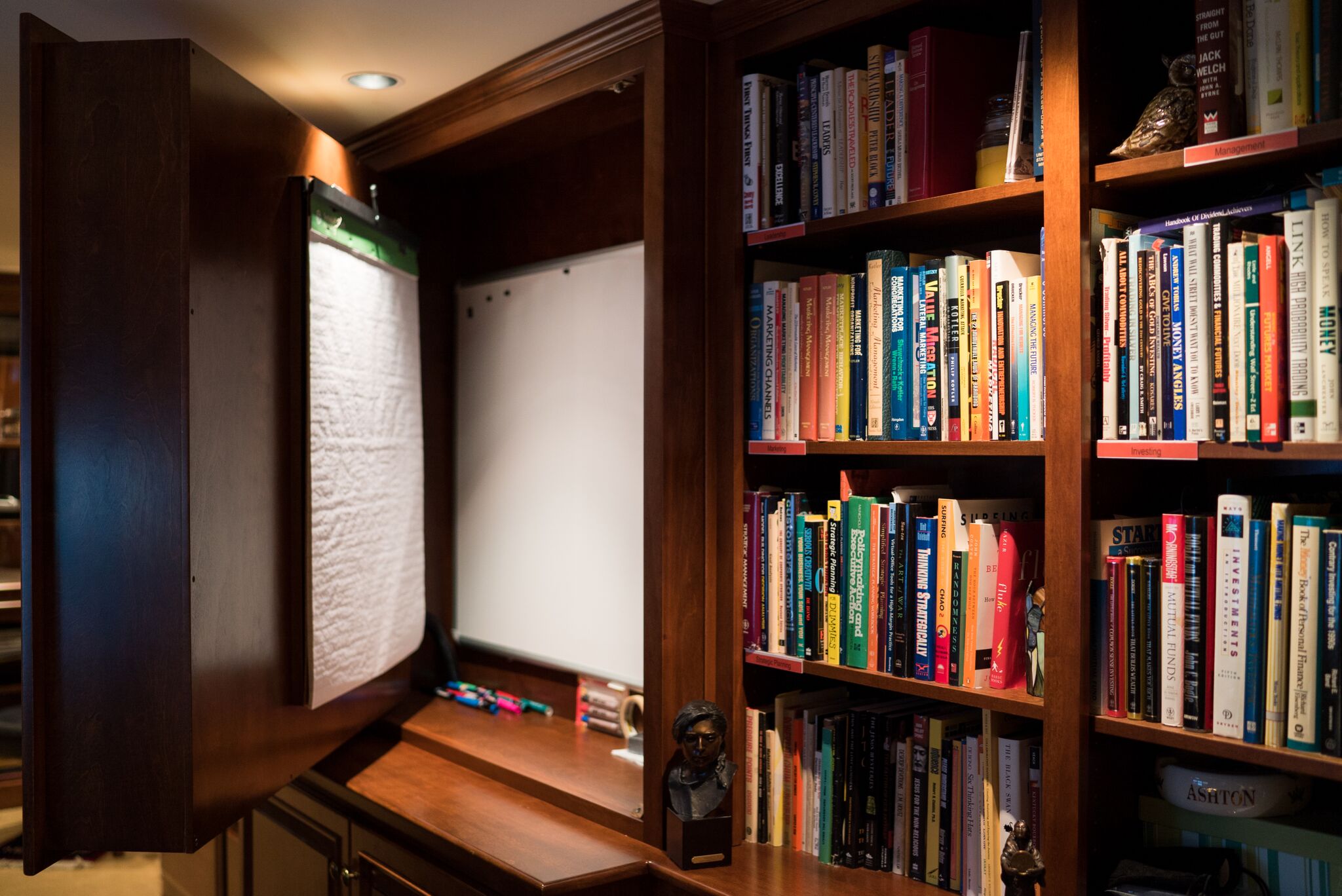 hidden whiteboard in custom cabinetry