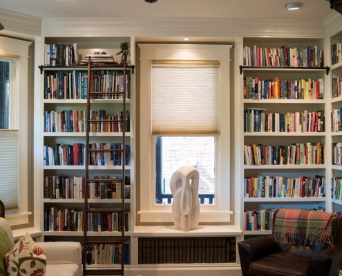 built-in custom bookshelves make the space